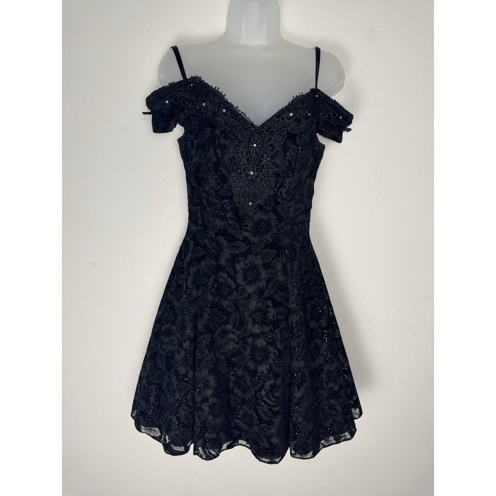 VTG Zum Zum Juniors 5/6 Off Shoulder Mini Dress Prom 90s Black Floral Glitter